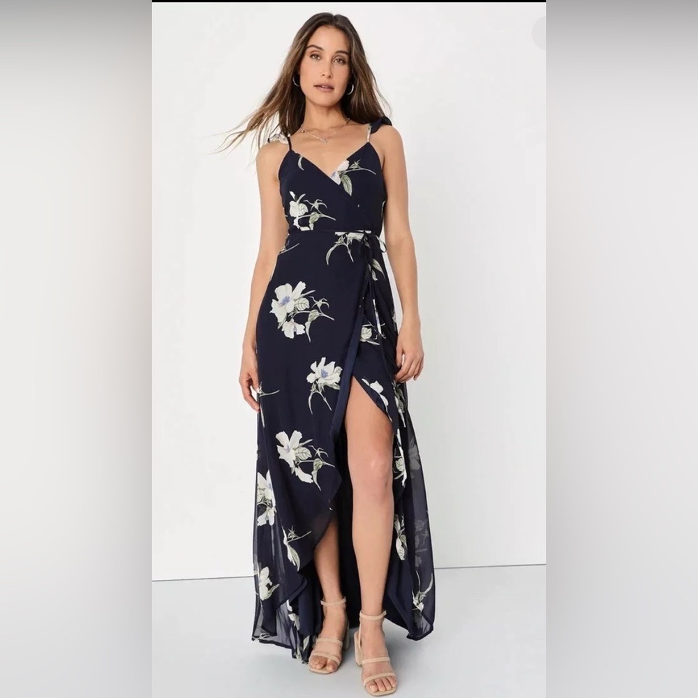 Lulus All Mine Navy Floral Print High Low Wrap Dress Womens Size S